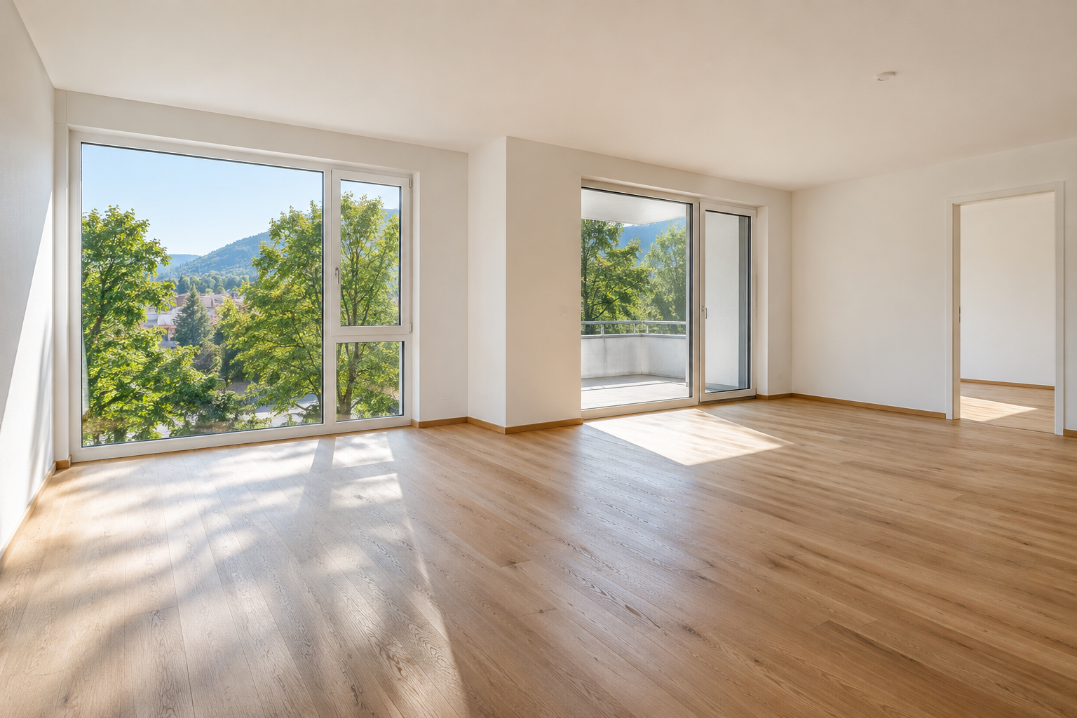 Heller leerer Wohnraum mit Holzboden und Blick auf Bäume